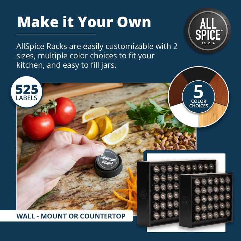 AllSpice Spice Rack Organizer, Wood, 525 Unique Labels, Countertop or Wall Mount, Includes 30 4oz Jars- Matte Black - Image 4